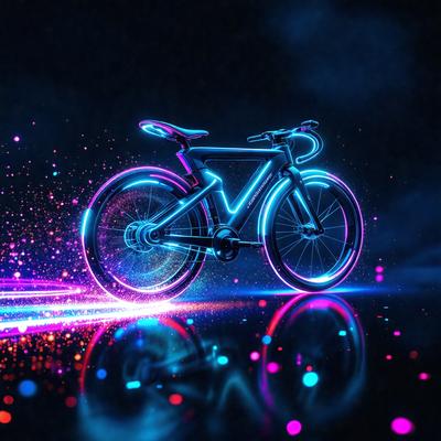 Primary subject: A bicycle
Setting/background: A dark background with neon lights
Visual style: Digital art
Colors and mood: Neon colors and a futuristic, high-tech atmosphere